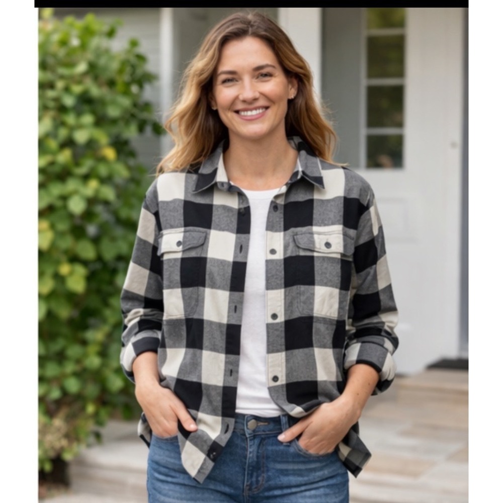 Eddie Bauer Womens Black White‎ Buffalo Plaid Button Down Shirt Large - Picture 3 of 6